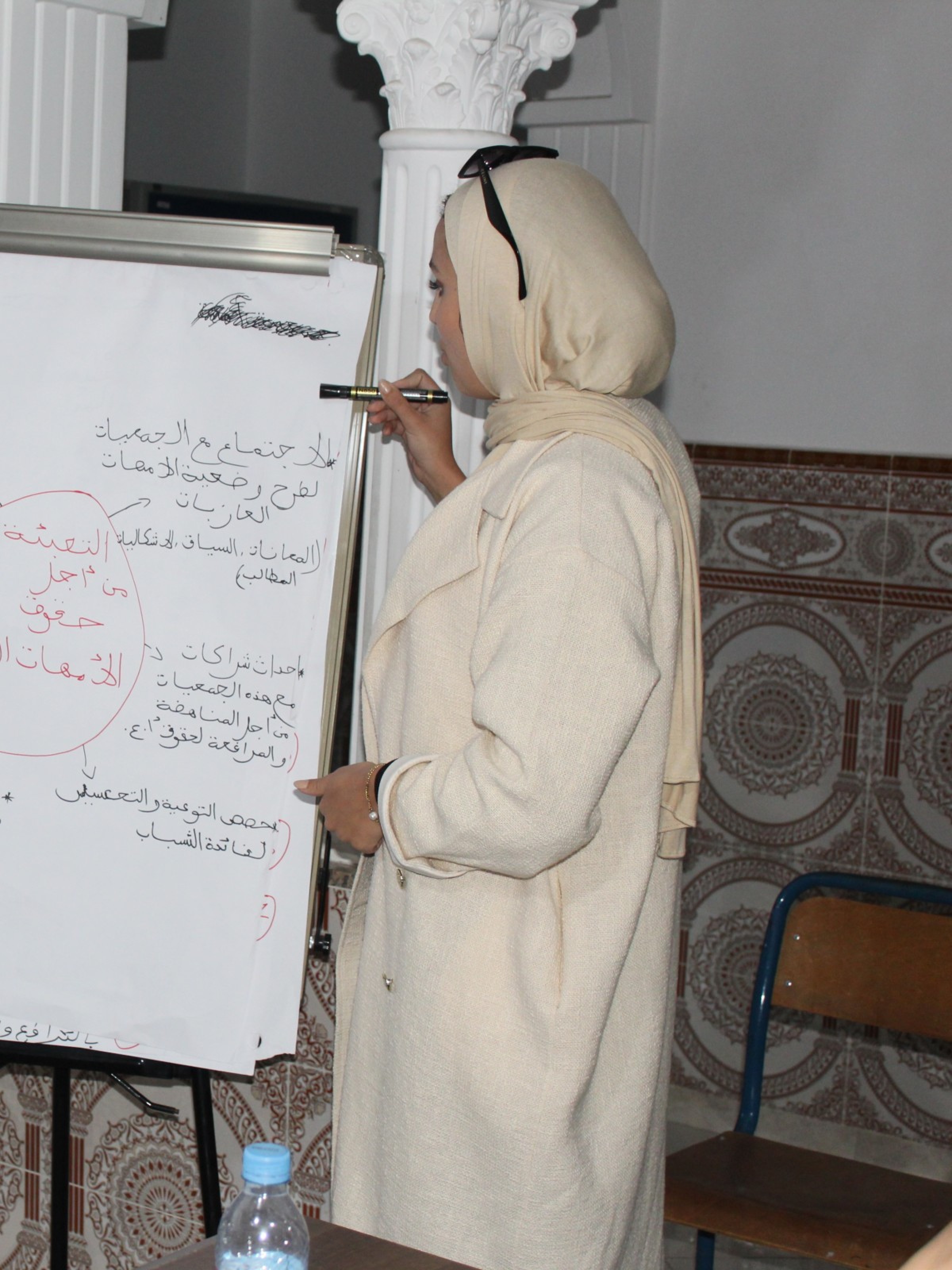 Eine Frau erklärt in Marokko auf einem Board den Teilnehmerinnen Inhalte des Projekts Rhizhommes – Wurzelwerk